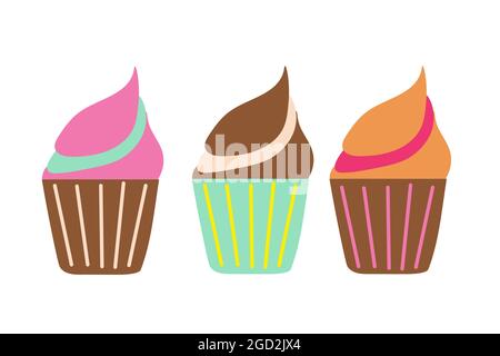 Un set di tortini colorati in una ciotola su uno sfondo isolato. Dolci da forno. Ora del tè. Elementi di progettazione. Cibo malsano. Illustrazione piatta. Illustrazione Vettoriale