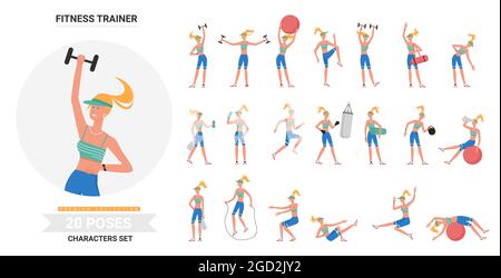 Fitness trainer donna palestra allenamento pone infografica vettore illustrazione set. Cartoon piatto femminile allenatore personaggio facendo ginnastica, esercizi sportivi con kettlebell, dumbbell Illustrazione Vettoriale