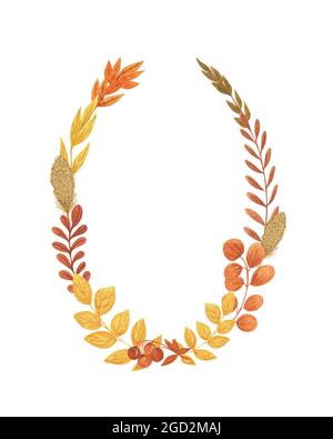 Foglie d'autunno cornice ovale semplice mano disegnata acquerello illustrazione, festa verde corona, festa celebrazione ornamento per invito, matrimonio o biglietti d'auguri Foto Stock