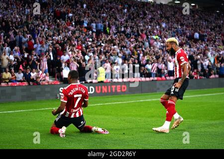 Sheffield United's Rhian Brewster celebra dopo aver segnato il suo primo gol al fianco durante la prima partita della Carabao Cup a Bramall Lane, Sheffield. Data immagine: Martedì 10 agosto 2021. Foto Stock