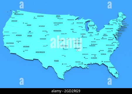 Mappa tridimensionale rappresentata degli Stati Uniti con nomi di stati, rendering 3D Foto Stock