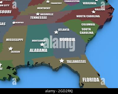 Mappa tridimensionale rappresentata degli Stati Uniti con nomi di stati in colori tenui, rendering 3D Foto Stock