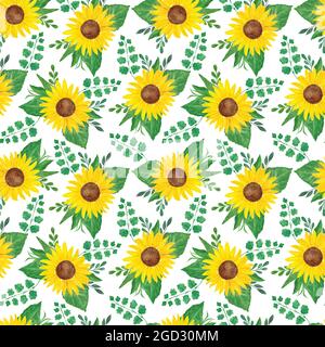 Girasoli gialli e foglie arrangiamento floreale motivo senza cuciture, simbolo del periodo estivo e del raccolto per il tessile, carta da regalo decorazione Foto Stock