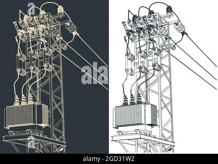 Illustrazione vettoriale stilizzata della stazione del trasformatore a torre dell'alimentatore di linea superiore Illustrazione Vettoriale