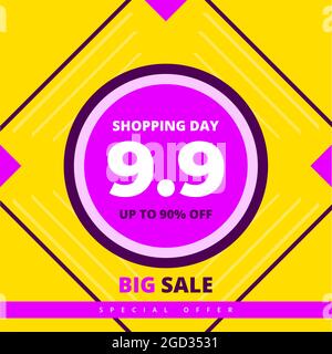 9.9 giorno di shopping colorato caldo vendita banner promozione con cerchio in centro. 9 settembre modello banner di vendita. Big sale offerta limitata tempo sociale piazza Illustrazione Vettoriale