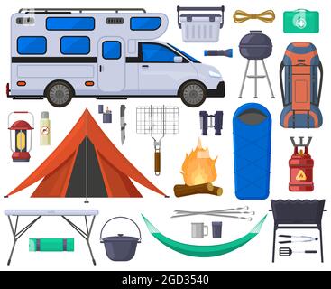 Campeggio escursionismo tenda turistica, van, falò elementi. Set di illustrazioni vettoriali attrezzatura per escursioni all'aperto. Attrezzature turistiche da campeggio Illustrazione Vettoriale