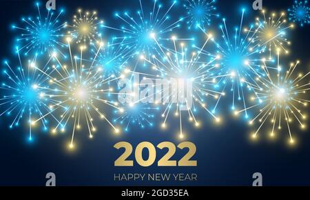 2022 Capodanno festivo sfondo vettoriale con fuochi d'artificio e scintillanti luci di celebrazione. Buon natale e felice anno nuovo 2022 fuochi d'artificio realistico Illustrazione Vettoriale