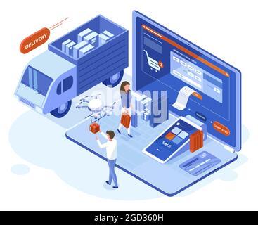 Concetto di acquisto, pagamento e consegna online in 3d isometrico. Le persone che effettuano acquisti utilizzano le app online per notebook, illustrazione vettoriale. Acquisti online Illustrazione Vettoriale