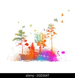 Alberi multicolore. Astratto paesaggio arcobaleno. Macchie colorate. Supporti misti, illustrazione vettoriale Illustrazione Vettoriale