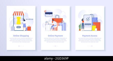 Pagamento acquisti online. Donna che sceglie l'abito nell'applicazione per smartphone. Uomo che effettua acquisti utilizzando un notebook Illustrazione Vettoriale