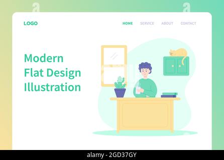 Modello di Landing page di relax. Uomo rilassante e bere caffè. Illustrazione moderna del design piatto per il sito web e il sito web mobile. Illustrazione Vettoriale