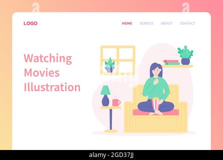 Modello della landing page dei filmati in streaming. Donna che mangia popcorn e guarda film in streaming a casa. Illustrazione moderna del disegno piatto per il Web site e. Illustrazione Vettoriale