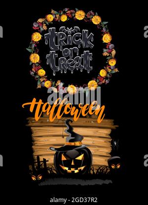 Buona carta di Halloween con zucche Foto Stock