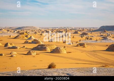 Divertenti formazioni rocciose di gesso nel deserto Bianco, Farafra, Egitto Foto Stock