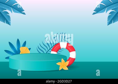 Moderna decorazione estiva del podio su sfondo verde con piante tropicali. Presentazione del prodotto adatta per l'estate. Illustrazione Vettoriale