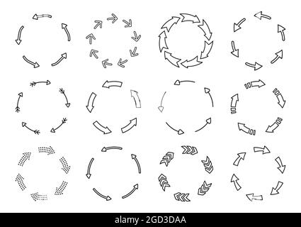 Frecce circolari linea contorno nero colore, spessore diverso. Simbolo di caricamento e riciclo. Aggiornamento loop ricarica e set di segni di rotazione. Elementi di progettazione infografica, diagrammi di statistiche delle strategie aziendali Illustrazione Vettoriale