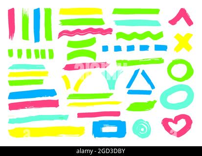Linee di marcatura testo sottolineano tratti impostati isolati su sfondo bianco. Per evidenziare segni e colorare dettagli importanti. Pennellata scrawl multicolori disegnati a mano. Illustrazione vettoriale Illustrazione Vettoriale