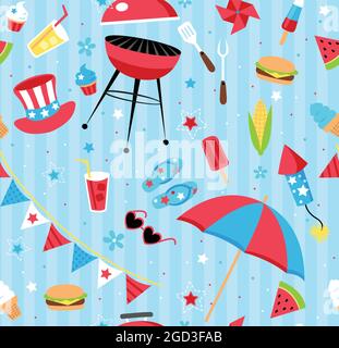 Summer Backyard BBQ modello vettoriale senza cuciture Illustrazione Vettoriale