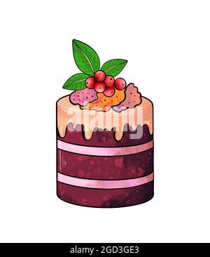 Illustrazione di un disegno colorato di dolci: Torta rotonda rosso-marrone versata con crema e decorata con smalto e bacche di rowan su uno sfondo bianco isolato. Illustrazione di alta qualità Foto Stock