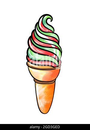 Illustrazione di un disegno colorato di dolci: Gelato verde-rosso in un cono di cialda a spirale su uno sfondo bianco isolato. Illustrazione di alta qualità Foto Stock