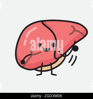Illustrazione vettoriale del personaggio del fegato con il viso carino e semplice disegno della linea del corpo su sfondo isolato Illustrazione Vettoriale