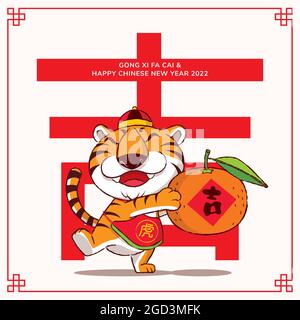 Felice anno nuovo cinese 2022. Cartoon carino tigre con grande mandarino in piedi davanti a enormi lettere. Traduci: Tiger, fortuna Illustrazione Vettoriale