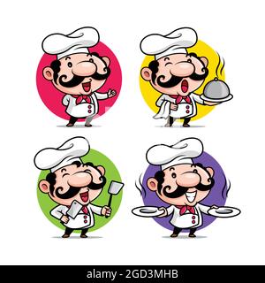 Collezione di grandi baffi chef che tengono utensili da cucina con diverse pose di cottura. Set di caratteri vettoriali Illustrazione Vettoriale