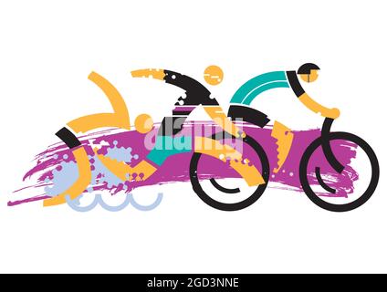 Tre Triathlon Racers. Disegno dinamico espressivo di tre atleti triathlon sullo sfondo grunge. Vettore disponibile. Illustrazione Vettoriale