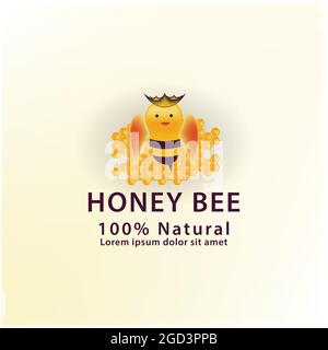 Primo piano di ape su Honeycomb in apiary Hexagon. Carino ape, coleotteri, icona miele. Illustrazione vettoriale Illustrazione Vettoriale