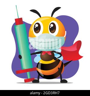Combattere il virus con la vaccinazione. L'ape del supereroe di Cartoon indossa la maschera chirurgica e trattiene la siringa con l'ago per l'iniezione o la vaccinazione. Sfondo vibrante Illustrazione Vettoriale