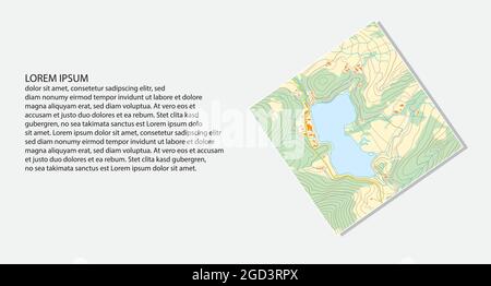 Immaginaria mappa topografica del territorio con fiumi, laghi e strade Illustrazione Vettoriale