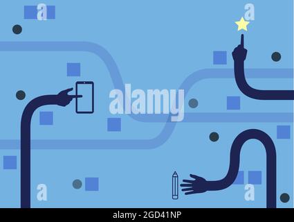 Tre lancette lunghe braccia di disegno che puntano le dita che toccano la penna e la stella del dispositivo mobile. Più punti di disegno della mano allungati simboli del telefono della penna del dito. Illustrazione Vettoriale