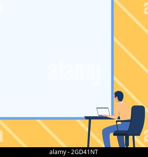 Uomo disegno seduto su poltrona utilizzando il laptop collocato sul tavolo con grande lavagna bianca vuota. Gentleman Design si siede mentre si usa il computer portatile di fronte Illustrazione Vettoriale