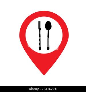 Icona della posizione dei ristoranti e dei caffè su sfondo bianco. Cartello con la scritta "food pin". Simbolo del logo della posizione del ristorante. Stile piatto. Foto Stock