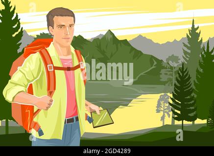 Carino ragazzo turistico con un navigatore tablet. Zaino. Sullo sfondo di un bellissimo paesaggio. Lago, montagne e taiga. Un uomo in viaggio. Piatto st Illustrazione Vettoriale