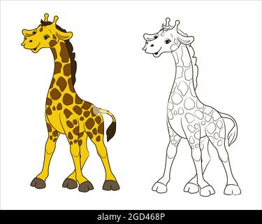 Una giraffa a chiazze a collo lungo. Pagina da colorare per bambini in bianco e nero. Illustrazione vettoriale in stile cartoon, disegno lineare isolato Illustrazione Vettoriale