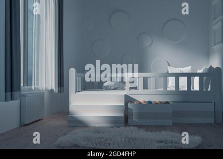 rendering 3d della stanza dei bambini con letto bianco al chiaro di luna Foto Stock