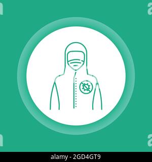 Icona del pulsante a colori del medico o del lavoratore in tuta medica protettiva. Illustrazione Vettoriale