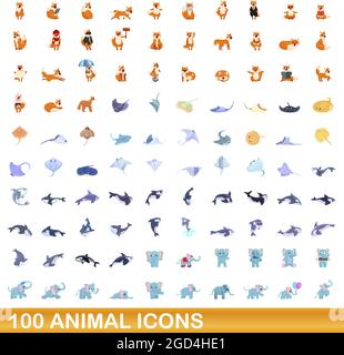 100 animali set di icone. Cartoon illustrazione di 100 icone animale set vettore isolato su sfondo bianco Illustrazione Vettoriale