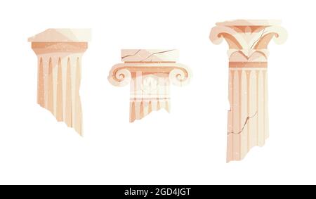 Antiche colonne greche rotte. Antico pilastro romano. Elementi di progettazione della costruzione. Illustrazione Vettoriale