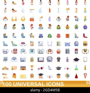 100 universal set di icone. Cartoon illustrazione di 100 icone universali set di vettore isolato su sfondo bianco Illustrazione Vettoriale