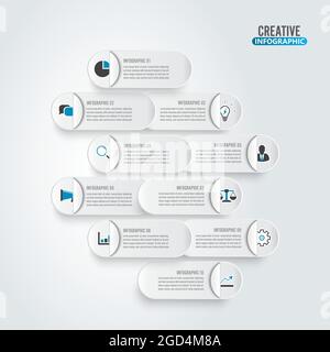 Visualizzazione dei dati aziendali. Elaborare il grafico cartaceo. Elementi astratti del grafico, diagramma con 10 fasi, opzioni, parti o processi. Temp. Business vettoriale Illustrazione Vettoriale