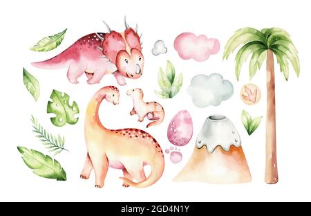 Dino carino acquerello. Dinosauri insieme isolato su uno sfondo bianco Illustrazione disegnata a mano, Baby doccia invito bambini compleanno jurassic party. Carto Foto Stock