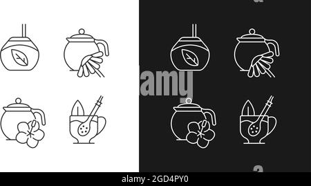 Le icone lineari del tè alle erbe sono impostate per la modalità chiara e scura Illustrazione Vettoriale