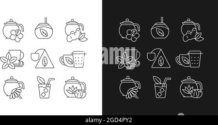 Icone lineari per tè e bevande simili a tè impostate per la modalità chiara e scura Illustrazione Vettoriale