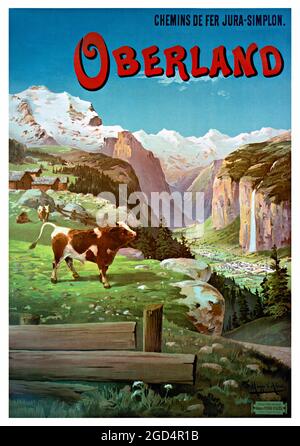 Oberland. Chemins de Fer Jura-Sempione di Frederic Hugo d'Alési (1849-1906). Poster vintage restaurato pubblicato nel 1895 in Svizzera. Foto Stock