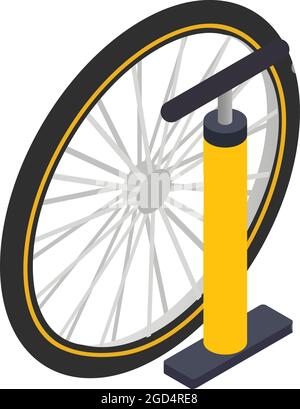 Icona pompa di bicicletta vettore isometrico. Ruota per bicicletta e pompa d'aria gialla per bicicletta a mano. Icona di pompaggio, riparazione, manutenzione delle ruote Illustrazione Vettoriale