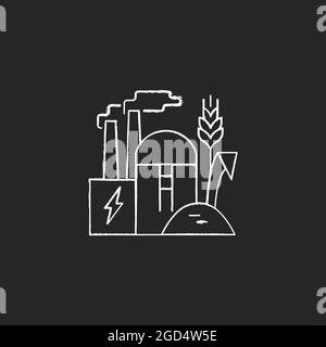 Produzione di energia biomassa gesso bianco icona su sfondo scuro Illustrazione Vettoriale
