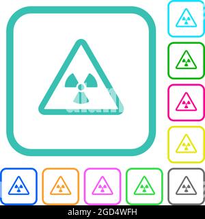 Avvertenza nucleare icone piatte colorate vivide sui bordi curvi su sfondo bianco Illustrazione Vettoriale