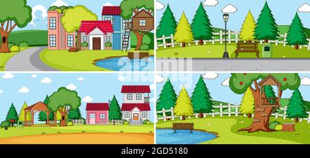 Set di diverse case in natura scene cartoon stile illustrazione Illustrazione Vettoriale